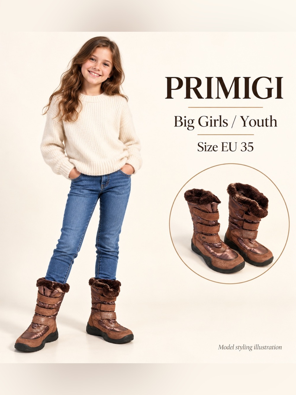 Primigi Girls Bronze Brown Faux Fur Lined Winter Boots EU 35